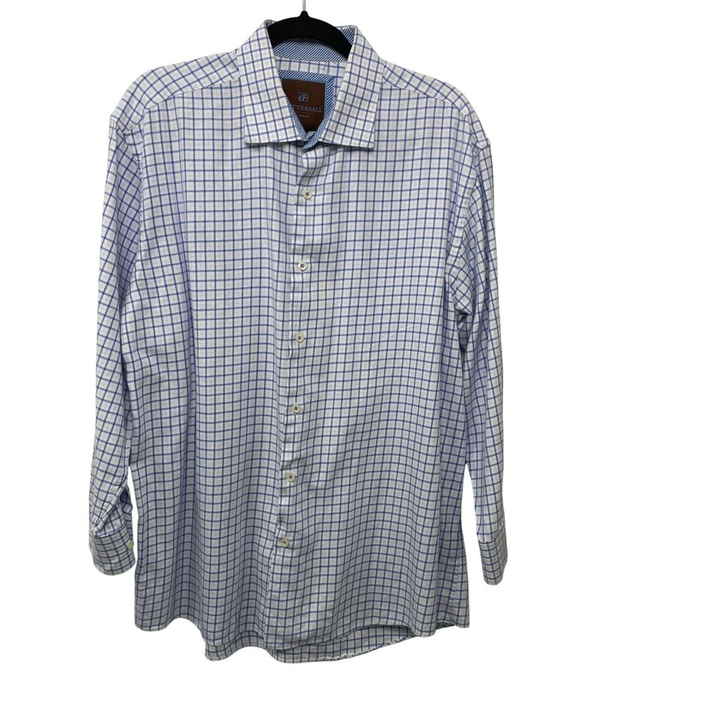 Tattersall London Men Plaid Blue White Check Cotton Button Down Shirt 17.5 32/33